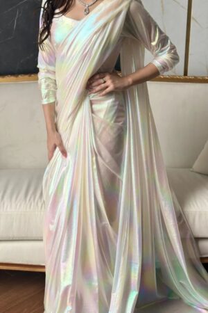 fancy satin white rainbow rfeady to wear saree