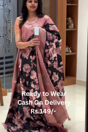 🌸🖤 Elegant Black & Rose Pink Floral Saree 🌹✨