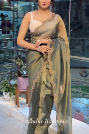 ✨ Elegant Olive-Green Silk Saree with Golden Embroidery 🌿💫