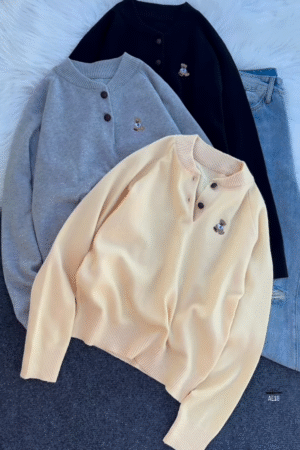 "Cuddly Charm: Multicolor Teddy Bear Embroidered Sweaters"