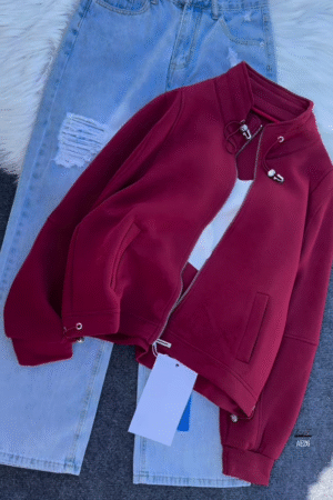 🧥 Urban Ember: Maroon Zip Jacket & Distressed Denim Set
